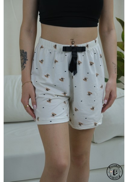 Beyaz Ayıcık Desenli Şort Kadın Pijama Altı