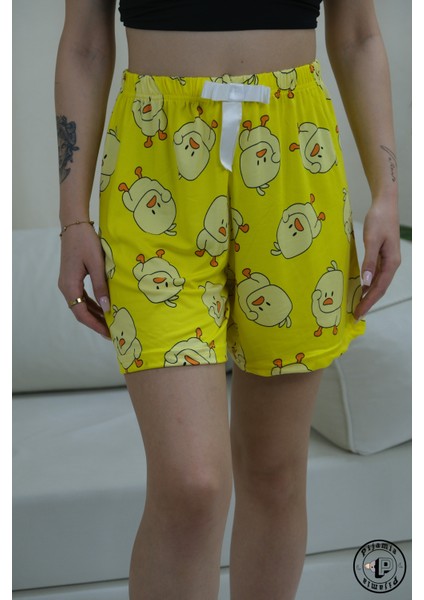 Sarı Ördek Desenli Şort Kadın Pijama Altı