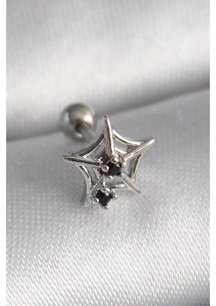 Bfs 316L Çelik Gümüş Renk Siyah Zirkon Taş Detay Örümcek Ağ Model Tragus Piercing