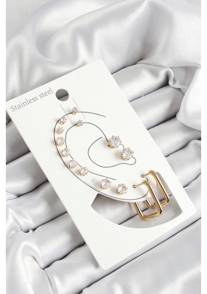 Bfs 316L Çelik Dikdörtgen Figürlü ve Zirkon Taşlı Gold Renk 7'li Çift Kadın Küpe Set