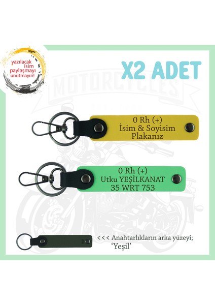 Bikerlar Için Özel Isim Plaka ve 0 Rh (+) Kan Grubu Yazılı Hediyelik X2 Anahtarlık, Sarı-F Yeşil-Ysl