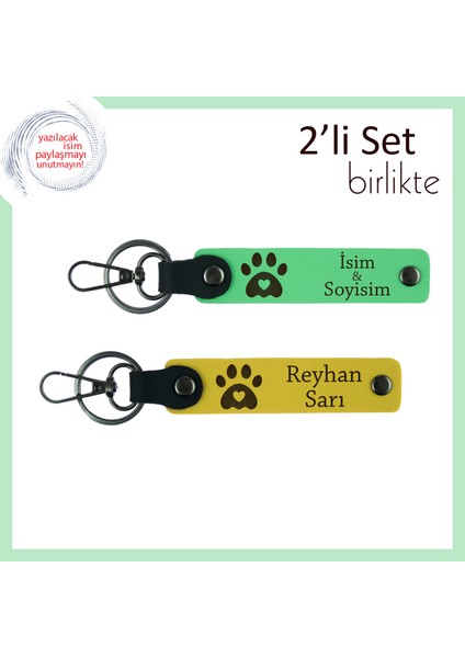 Evcil Hayvan Aşkını Taşıyanlara, Pati Kalpli Yazılabilir Deri Anahtarlık Seti, Fıstık Yeşil-Sarı