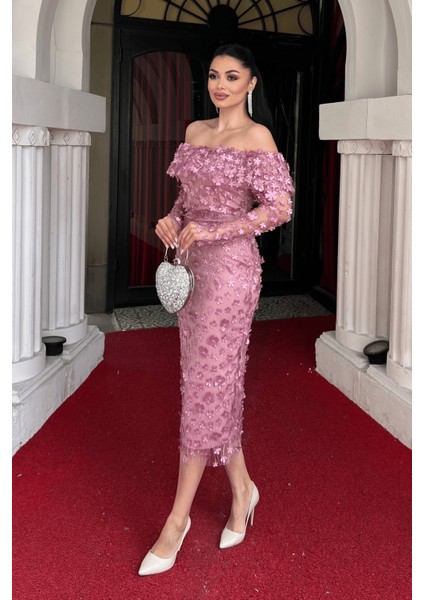 Üç Boyut Çiçekli Kumaş Kayık Yaka Kalem Elbise - Pudra fiyatları