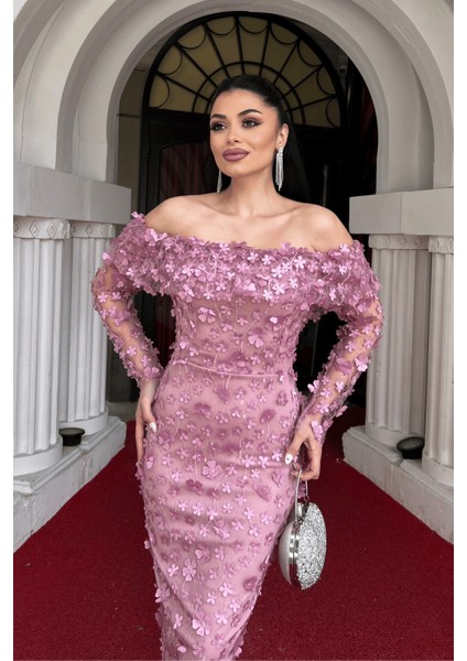 Üç Boyut Çiçekli Kumaş Kayık Yaka Kalem Elbise - Pudra modelleri