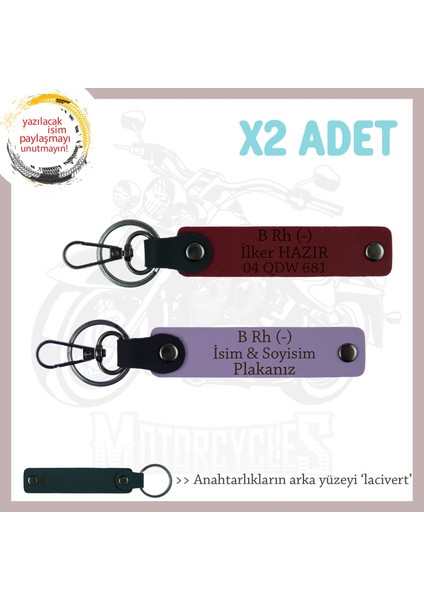 Motor Tutkunlarına Özel, Isim Plaka ve B Rh (-) Kan Grubu Yazılı 2'li Anahtarlık, Mor-Bordo-Laci