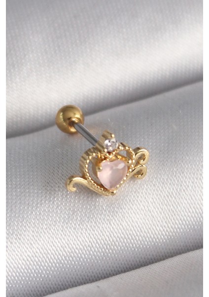 Bfs 316L Çelik Gold Renk Pembe Mineli Kalp Zirkon Taş Detay Tragus Piercing
