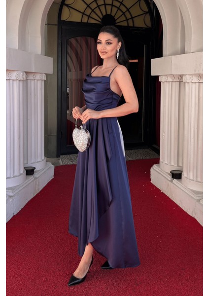 Saten Kumaş Sırtı Ip Detaylı Asimetri Kesim Elbise - Lacivert