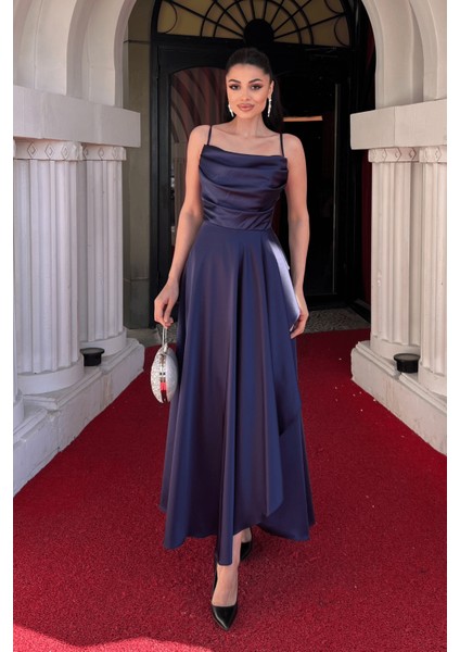 Saten Kumaş Sırtı Ip Detaylı Asimetri Kesim Elbise - Lacivert fiyatları