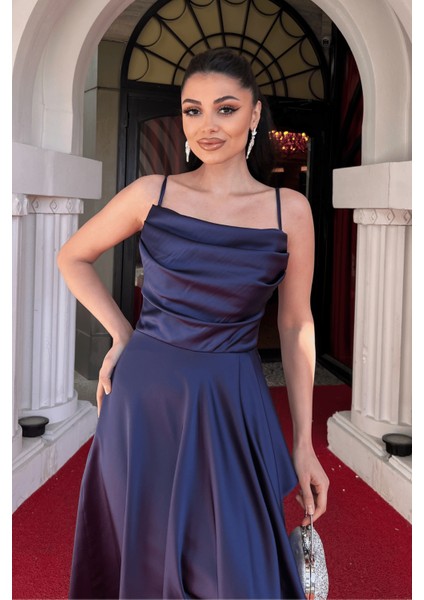 Saten Kumaş Sırtı Ip Detaylı Asimetri Kesim Elbise - Lacivert modelleri