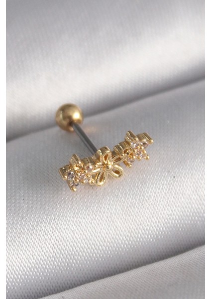 Bfs 316L Çelik Gold Renk Zirkon Taşlı Çiçek Tragus Piercing