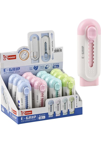 E-Grip Yumuşak Silgi Sürgülü Açılır -Kapanır Pastel Renkler 2 Adet