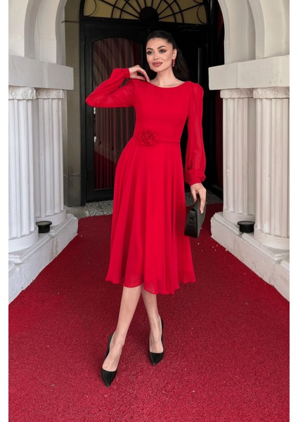 Sifon Kumaş Çiçek Detaylı Midi Elbise - Kırmızı