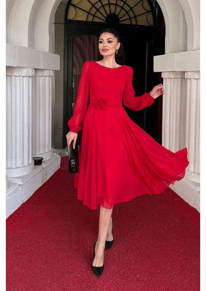 Sifon Kumaş Çiçek Detaylı Midi Elbise - Kırmızı fiyatları