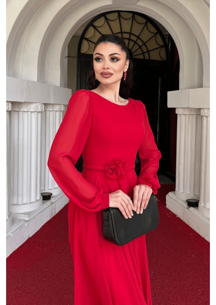 Sifon Kumaş Çiçek Detaylı Midi Elbise - Kırmızı modelleri