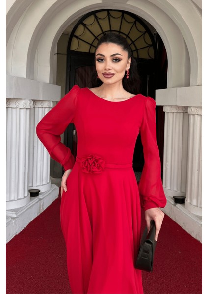 Sifon Kumaş Çiçek Detaylı Midi Elbise - Kırmızı fırsatları