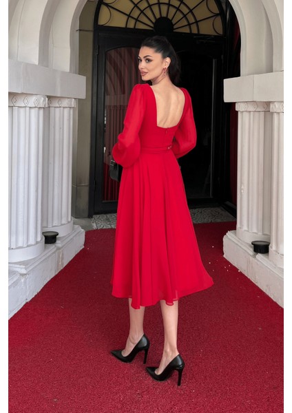 Sifon Kumaş Çiçek Detaylı Midi Elbise - Kırmızı indirimleri