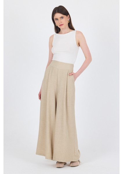 Bej Yüksek Bel Pile Detaylı Bol Paça Pantolon 4810A