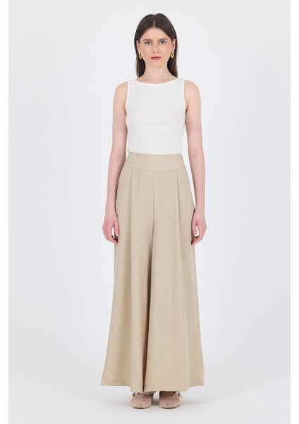 Bej Yüksek Bel Pile Detaylı Bol Paça Pantolon 4810A fiyatları