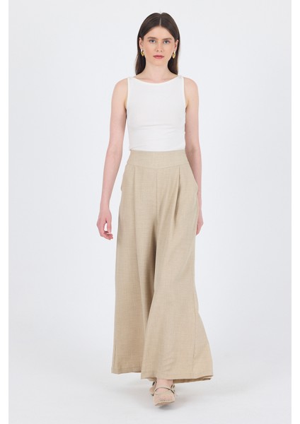 Bej Yüksek Bel Pile Detaylı Bol Paça Pantolon 4810A modelleri