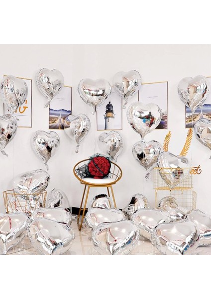 Bfs Metalize Parlak Gümüş Şekilli Kalp Uçan Balon Folyo 45 cm 10 Adet