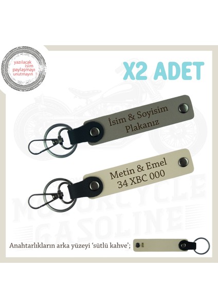 Hediye Edilebilir Deri Anahtarlık Seti, Plaka ve Isimle Özelleştirilmiş X2 Takım, Kül Gri-S Kahve-Sk