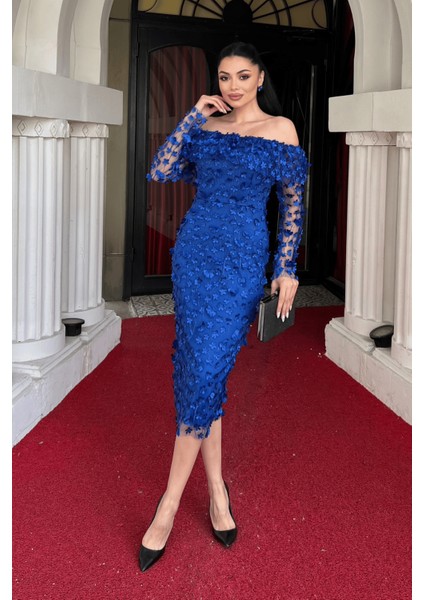 Üç Boyut Çiçekli Kumaş Kayık Yaka Kalem Elbise - Saks Mavi