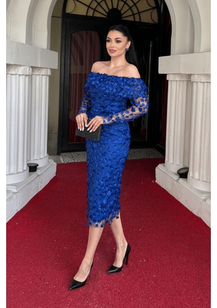 Üç Boyut Çiçekli Kumaş Kayık Yaka Kalem Elbise - Saks Mavi fiyatları