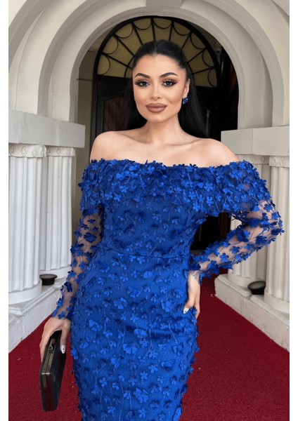 Üç Boyut Çiçekli Kumaş Kayık Yaka Kalem Elbise - Saks Mavi modelleri