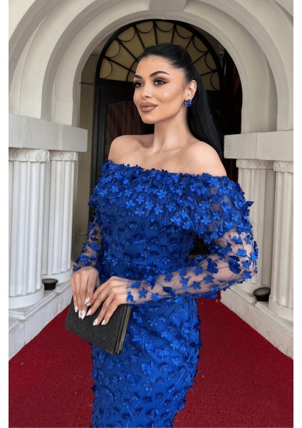 Üç Boyut Çiçekli Kumaş Kayık Yaka Kalem Elbise - Saks Mavi fırsatları