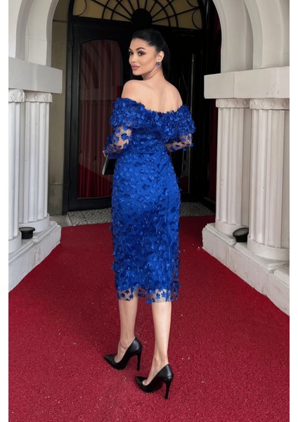 Üç Boyut Çiçekli Kumaş Kayık Yaka Kalem Elbise - Saks Mavi indirimleri