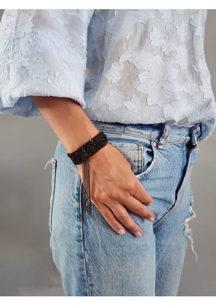 Kordon Çelik Zincir Örme 8 Sıralı Sallantılı El Yapımı Siyah Renk Bohem Bileklik