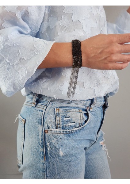 Kordon Çelik Zincir Örme 8 Sıralı Sallantılı El Yapımı Siyah Renk Bohem Bileklik fiyatları