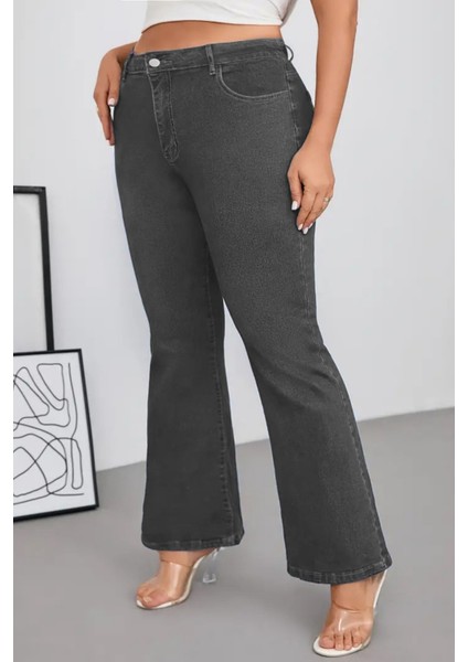 Cedy Denım - Kadın Siyah Büyük Beden Ispanyol Paça Yüksek Bel Skinny Fit Likralı Pantolon C628