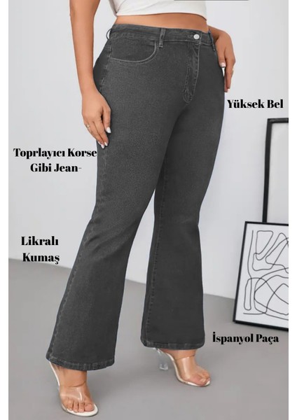Cedy Denım - Kadın Siyah Büyük Beden Ispanyol Paça Yüksek Bel Skinny Fit Likralı Pantolon C628 modelleri