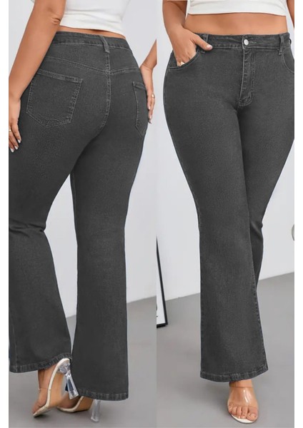 Cedy Denım - Kadın Siyah Büyük Beden Ispanyol Paça Yüksek Bel Skinny Fit Likralı Pantolon C628