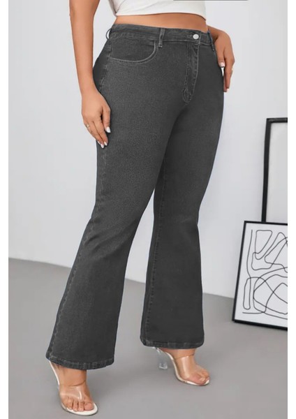 Cedy Denım - Kadın Siyah Büyük Beden Ispanyol Paça Yüksek Bel Skinny Fit Likralı Pantolon C628