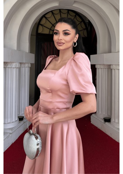 Saten Kumaş Balon Kol Mini Elbise - Pudra fırsatları