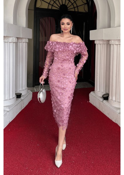 Üç Boyut Çiçekli Kumaş Kayık Yaka Kalem Elbise - Pudra