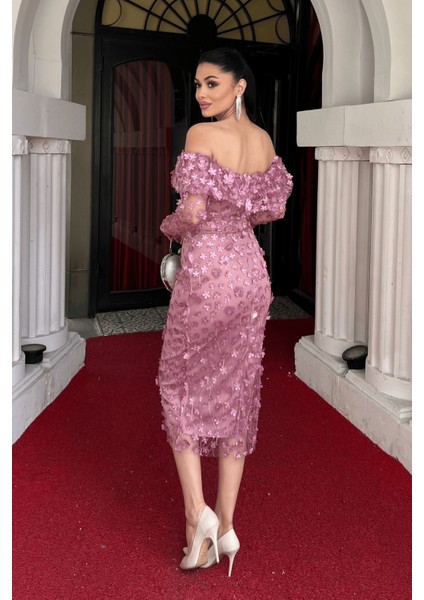 Üç Boyut Çiçekli Kumaş Kayık Yaka Kalem Elbise - Pudra indirimleri