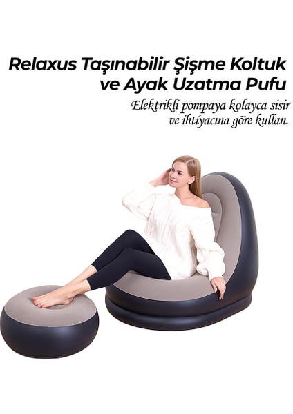 Şişme Koltuk ve Ayak Uzatma Pufu – Ev, Kamp, Ofis Kullanımı Için, Pompa Hediyeli, Taşınabilir