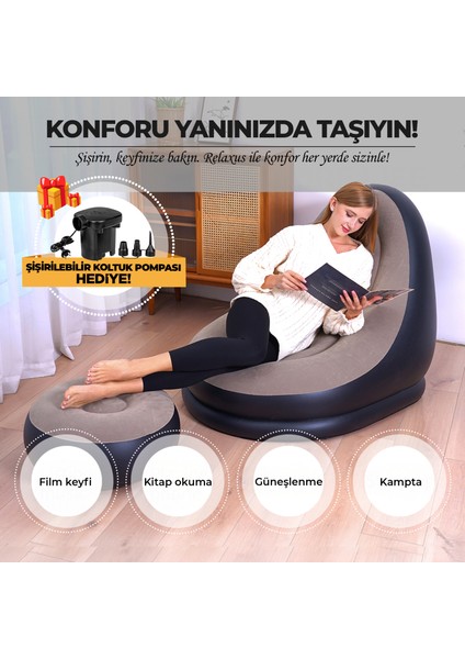 Şişme Koltuk ve Ayak Uzatma Pufu – Ev, Kamp, Ofis Kullanımı Için, Pompa Hediyeli, Taşınabilir