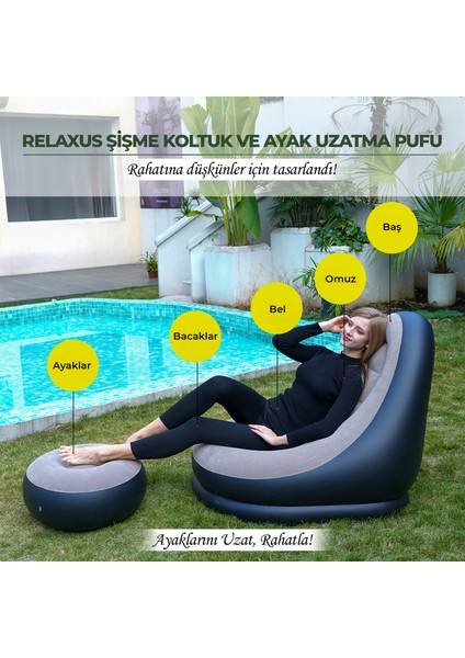 Şişme Koltuk ve Ayak Uzatma Pufu – Ev, Kamp, Ofis Kullanımı Için, Pompa Hediyeli, Taşınabilir