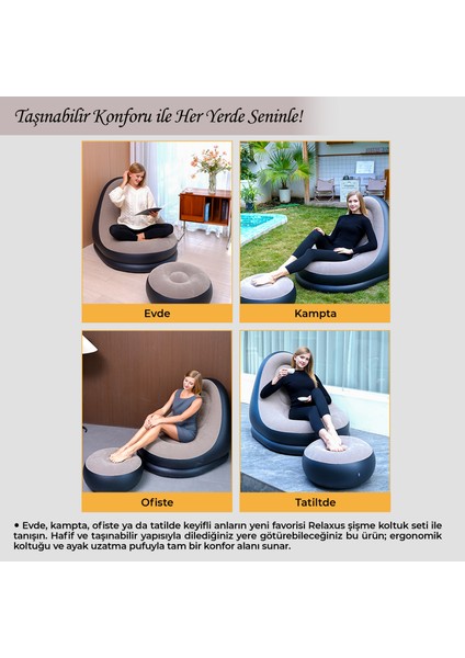 Şişme Koltuk ve Ayak Uzatma Pufu – Ev, Kamp, Ofis Kullanımı Için, Pompa Hediyeli, Taşınabilir
