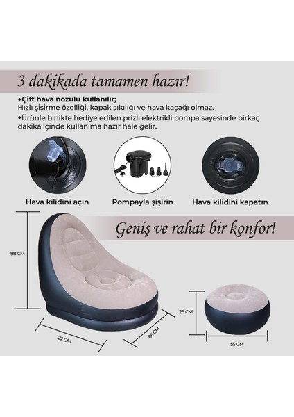 Şişme Koltuk ve Ayak Uzatma Pufu – Ev, Kamp, Ofis Kullanımı Için, Pompa Hediyeli, Taşınabilir