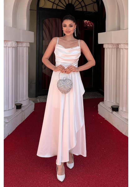 Saten Kumaş Sırtı Ip Detaylı Asimetri Kesim Elbise - Beyaz