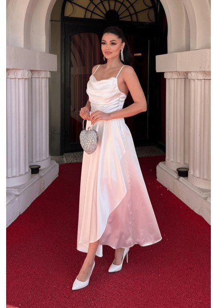 Saten Kumaş Sırtı Ip Detaylı Asimetri Kesim Elbise - Beyaz fiyatları