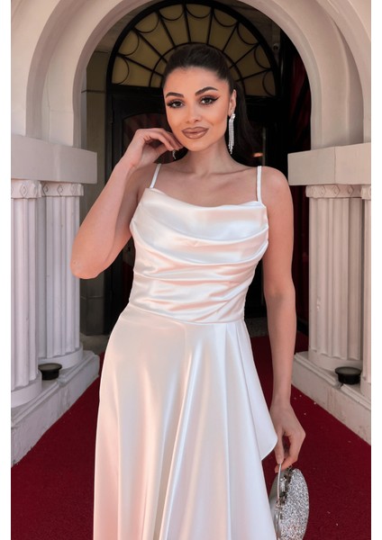 Saten Kumaş Sırtı Ip Detaylı Asimetri Kesim Elbise - Beyaz fırsatları