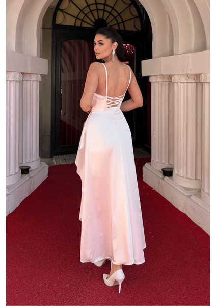 Saten Kumaş Sırtı Ip Detaylı Asimetri Kesim Elbise - Beyaz indirimleri