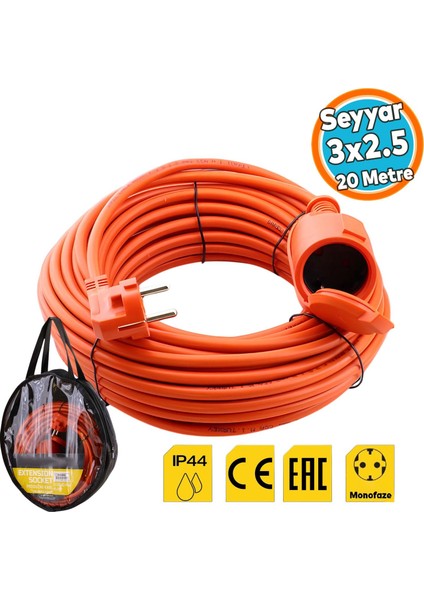 Uzatma Kablosu 20 Metre 3x2.5 mm Cca Tekli Grup Fiş Priz Kapaklı Monofaze Ev Tipi Topraklı Kablolu