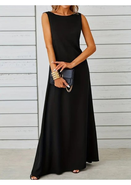 Kadın Kolsuz Kayık Yaka Maksi Janjan Krep Elbise